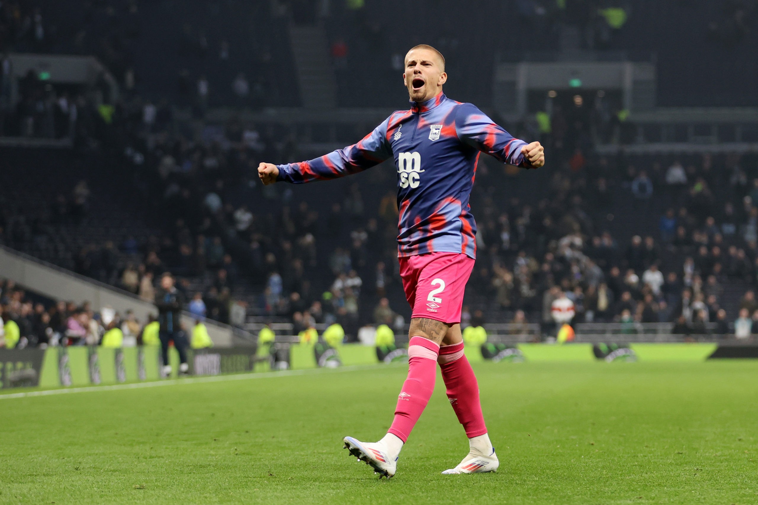 LONDON, ENGLAND: Harry Clarke of Ipswich Town celebrates after the team's victory in the Premier League match between Tottenham Hotspur FC and Ipsw...