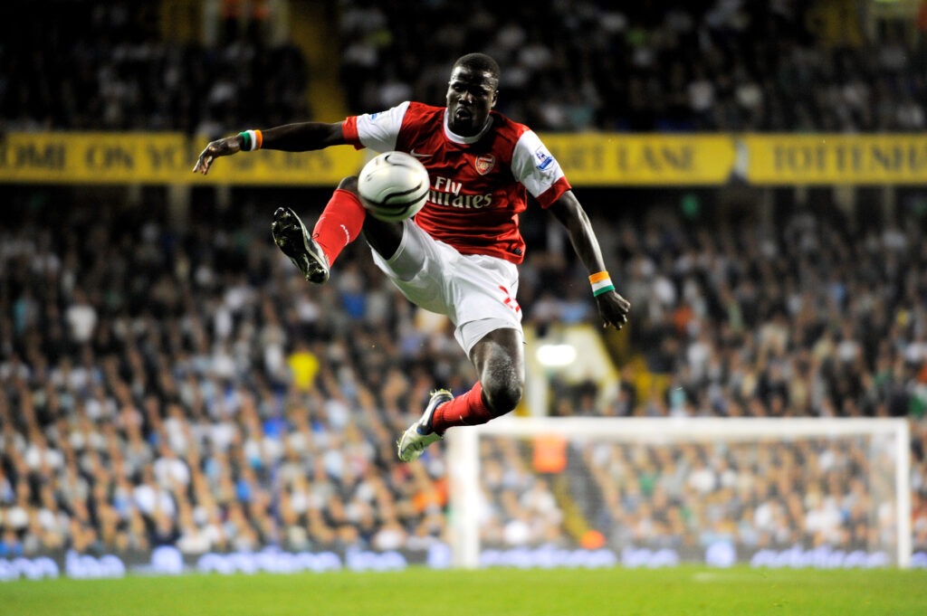 LONDON, ENGLAND - SEPTEMBER 21: Emmanuel Eboue of Arsenal controls the ball during the Carling Cup third round match between Tottenham Hotspur and Arsenal at White Hart Lane on September 21, 2010 in London, England. (Photo by Michael Regan/Getty Images)