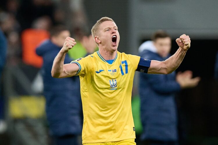 WROCLAW, POLAND: Oleksandr Zinchenko reacts after his team's won in the UEFA EURO 2024 Play-Offs final match between Ukraine and Iceland at Tarczyn...