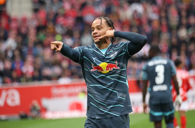 MAINZ, GERMANY: Xavi Simons of Leipzig celebrates after scoring during the Bundesliga match between 1. FSV Mainz 05 and RB Leipzig at MEWA Arena on...
