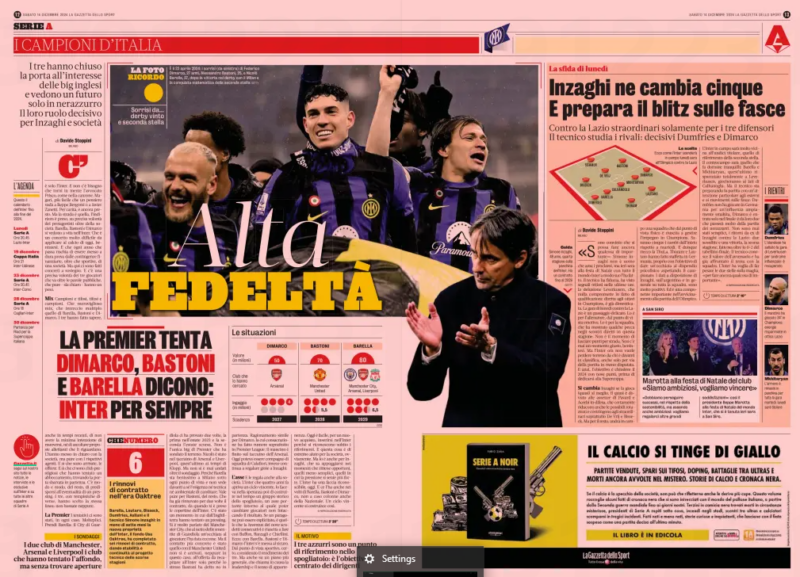 Inter Milan 27yo snubs Arsenal move again 2 PREMIER TRIES DIMARCO, STRETCHER STICKS SAY: INTER FOREVER The two Manchester clubs, Arsenal and Liverpool the clubs that attempted the lunge, but without finding openings La Gazzetta dello Sport - Puglia14 Dec 2024 GETTY It is April 22, 2024: the smiles (from left) of Federico Dimarco, 27, Alessandro Bastoni, 25, and Nicolo Barella, 27, after the victory in derb con And even in recent times, they have not the slightest intention to move, nor to listen to tempting proposals that concern them. They made it clear to the company, but also to their agents. And yes, the offers have arrived. And yes, there are prestigious clubs that have attempted a bite, finding the door barred at the start. There is a way and a way, moreover, to prepare for the possibility of a pressing. The three, with different timings, chose the same line: don't even knock. The Premier attempts were there, anyway. Multiple. Take Stretcher: Guardiola's City Stretella, Lautaro, Bisseck, Dumfries, Asllani and coach Simone Inzaghi: in less than seven months the new ownership of Inter, the US Oaktree fund, has completed six contract renewals, giving stability and continuity to the technical project of the past seasons he tried twice, the first in summer 2023 and the second last summer. She is not the only big Premier who has probed the ground: Nicolo has been in the notebook of Arsenal and Liverpool, the latter in Klopp's time. But it never went beyond the survey. Because Barella looks great in Milan from every point of view and does not see before him the need neither technical nor environmental to change. It also applies to Sticks, for that matter. Who has already renewed his contract twice, since taking the covers of Inter. There was a time when England attempted a pressing. There has been much talk of Manchester City But the most concrete contact was that with Manchester United: we did not arrive, even in this case, to the offer to be delivered to Inter just because the same Bastoni said no at the start. Similar reasoning for Dimarco, whose consecration made noise especially in the Premier League: the left-hander ended up in Arsenal's notebook. Today he could have been Calafiori's teammate, but he continues to give joys to Inzaghi. The axis And also gives them to society. Inter that four years ago opened a winning cycle, did so in the hope of building over time a historic group of the dressing room, a supporting axis around which to change players without affecting the result. If a comparison can be made explicit, it is what theuv Here: with Stretcher, Sticks and Dimarco Inter is safe. From a sporting point of view, of course, given the performance of the three. But also on a more general level, which calls into question leadership and a sense of belonging. Today it is easy, for a new purchase, to enter Inter because you immediately recognize the references. And this thing is of extreme help to society, of course. But it is also for Inzaghi, who knows how to lean in the moments he considers appropriate, the less simple ones, those in which the pressure feels stronger. Inter have a recognizable face today. And he also has it in the faces of Stretcher, Sticks and Dimarco, not surprisingly columns also of the National team. A winning cycle is built like this. READING TIME 3 ' 20”
