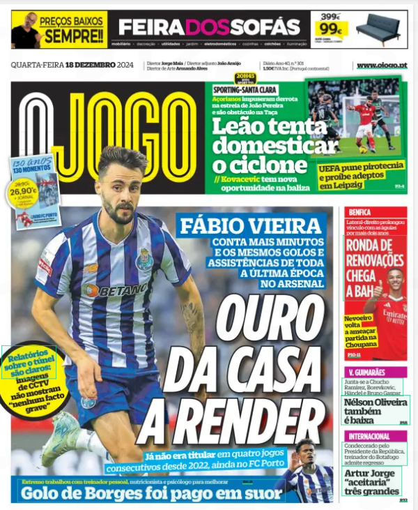 FÁBIO VIEIRA RETURNS ON LOAN Jersey 10 takes almost twice as many minutes and has already equalled the number of decisive actions added up in 2023/24 O Jogo18 Dec 2024 Attacking midfielder totals 888’ in 16 games in the current season, a sharp rise compared to 470’ last season. He hadn't started four times in a row since 2022, before heading to Arsenal. The return of Fábio Vieira to FC Porto did not start in the best way, largely due to the muscle injury suffered by the creative at the beginning of September. Just over three months later, the landscape has changed significantly and the Dragons No 10 has shown that leaving Arsenal on loan was the right career move. The figures leave little room for doubt: Fábio has already participated in 16 games in the current season, as many as he added last season, marked by physical problems, still at the service of the London emblem. However, as far as minutes on the field are concerned, the current campaign (888’) has already largely surpassed the previous one – 470’, counting only the main team of the “gunners”. Adding to the proof of the attacking midfielder's reunion with the regularity that he has lacked since, in 2022, he headed to the Premier League, is the player's involvement in the Porto attacking maneuver. The day before yesterday, in front of the star of Amadora, Fábio Vieira made the second assist this season, when offering the 1-0 to Nico González. Adding the two decisive passes to the two goals he scored against Anderlecht and Casa Pia, the number 10 of FC Porto counts four direct appearances in goal, precisely the total number of 2023/24. With more than half a season to go and hoping to maintain (and even improve) the recent performance, the prospects of surpassing that number are, at this point, very encouraging. In this sense, in fact, Fábio Vieira goes through a sequence of games to start as not seen for more than two years. The clash with Estrela was the midfielder's fourth consecutive game in Vítor Bruno's starting eleven. The last time such a record had occurred was in March/April 2022, when, still under the guidance of Sérgio Conceição, the Portuguese Under-21 international achieved a series of eight challenges in a row as a starting option. This season was, by the way, the best of Fabio's career. In the 39 games he played, he made seven goals and 16 assists, claiming, on an equal basis with Mehdi Taremi, the place of the main “supplier” of the blue and white Gunners. Attentive to the good signs left by the 24-year-old creative is Arsenal (see Box), a club with which Fábio Vieira has a contract until June 2027. The loan to FC Porto is valid until the end of the season – Club World Cup included – and, until then, Vítor Bruno hopes to extract the best version of the player formed in Olival. Recent indications point in this direction and, on the coach's side, the use of Fábio will continue without reservations. Maximum: in 2021/22, Fábio Vieira scored seven goals and offered 16 for FC Porto Fitting: the transfer of the creative to Arsenal earned 35 M€ to the coffers of the Port players