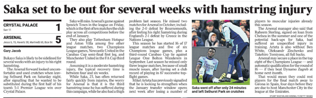 How long will Bukayo Saka be out injured? 4 Saka set to be out for several weeks with hamstring injury Next image › Bukayo Saka is likely to be sidelined for several weeks with an injury to his right hamstring. The Arsenal forward looked uncomfortable and used crutches when leaving Selhurst Park on Saturday night, after signalling that he wanted to be substituted during the first half of his team’s 5-1 Premier League win over Crystal Palace. Saka will miss Arsenal’s game against Ipswich Town in the league on Friday, which is the first of ten matches the club play across all competitions before the end of January. They also play Tottenham Hotspur and Aston Villa among five other league matches, two Champions League games, Newcastle United in the Carabao Cup semi-final first leg, and Manchester United in the FA Cup third round. Assuming it is a moderate hamstring injury, the typical recovery time is between four and six weeks. While Saka, 23, has often returned fairly quickly from injuries, the worry for Arsenal is that it is the third hamstring issue he has suffered during this campaign, while he also had a thigh problem last season. He missed two matches for Arsenal in October, including the 2-0 defeat by Bournemouth, after feeling his right hamstring during England’s 2-1 defeat by Greece in the Nations League. This season he has started 16 of 17 league matches and five of six Champions league games, plus a third-round Carabao Cup tie against League One Bolton Wanderers in September. Last season he missed only three league matches, because of small muscle issues, after having set a club record of playing in 87 successive topflight games. Mikel Arteta has previously signalled that he is looking to strengthen when the January transfer window opens next week after losing a number of players to muscular injuries already this season. The Arsenal manager also said that Raheem Sterling, signed on loan from Chelsea in the summer and one of the potential back-ups for Saka, had suffered an unspecified injury in training. Arteta is also without Ben White, Oleksandr Zinchenko and Takehiro Tomiyasu, all full backs. Arsenal may secure a place in the top eight of the Champions League — and automatic qualification for the round of 16 — if they beat Dynamo Zagreb at home next month. That would mean they could rest players for the final match away to Girona in Spain, four days before they are due to host Manchester City in the league at the Emirates.