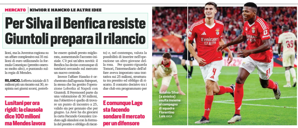 For Silva, Benfica resists as Giuntoli prepares a new bid Corriere dello Sport, 31 Dec 2024 By Eleonora Trotta | Kiwior and Hancko among other ideas The definitive split with Danilo forces Juventus to accelerate their search for a defender in the transfer market, aiming to sign one immediately and potentially add another later. Jakub Kiwior, if Arsenal agree to a loan deal, remains a valid and cost-effective option. Meanwhile, sporting director Cristiano Giuntoli is actively pursuing at least three other parallel negotiations. Antonio Silva, preferred by Thiago Motta for his technical characteristics, remains the top target. However, convincing Benfica remains a challenge, as the Portuguese club continues to send their usual strong messages. "Whoever wants our players must show up with their wallets full of money," coach Bruno Lage stated on Sunday. Silva’s release clause is €100 million, but Juventus are exploring a structured deal worth around €35 million, relying on a high-value loan (the "Conceiçao formula") and the influence of agent Jorge Mendes. A renewed offer on the table An initial bid of €5 million plus a €30 million redemption clause was rejected in recent days, but it is expected to be improved soon, likely increasing the initial payment. Additionally, Benfica has decided to protect themselves by scouting for a replacement central defender in the market. Alternatives: Hancko and Tomori The Hancko deal is being orchestrated by the Fairsport agency, the same group that facilitated the Stanislav Lobotka move to Napoli under Giuntoli. Feyenoord has set an initial valuation of €30 million for Hancko, but both parties are aiming for a compromise at €25 million, with terms applicable in either January or June. Juventus may include Facundo Gonzalez in the deal (sold to Feyenoord on a loan with an obligation to buy) or another young player from their squad. For Fikayo Tomori, intermediaries structured a potential deal at €25 million, including a loan with an obligation to buy. The decisive meeting between Milan and Juventus was scheduled around the Super Cup, but the arrival of Sergio Conceiçao as Milan's new manager could shift priorities, impacting the role of the English defender. Striker pursuits Regarding forward options, Thiago Motta’s dream target remains Joshua Zirkzee, while Randal Kolo Muani continues to draw fierce competition from English and German clubs. Milan has also inquired about the French forward leaving PSG, but his high wages pose a significant obstacle even for the Rossoneri. Former Eintracht Frankfurt striker Kolo Muani is expected to leave PSG in January on a loan with an obligation to buy. Meanwhile, the Dusan Vlahovic saga continues in Turin. The Serbian striker is unwilling to spread his wages over additional years and believes that in the summer, when his market value declines further, he will attract a bidding war.