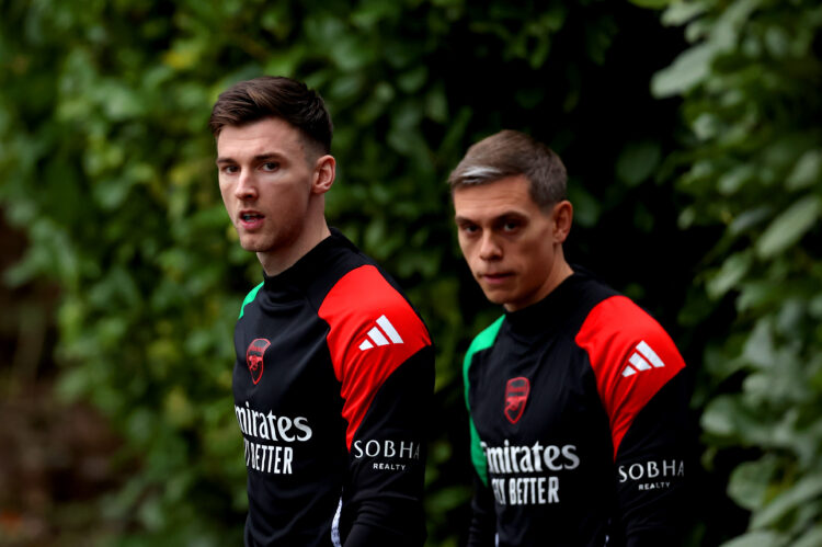 LONDON COLNEY, ENGLAND - DECEMBER 10: Kieran Tierney and Leandro Trossard of Arsenal make their way out for the UEFA Champions League 2024/25 Leagu...