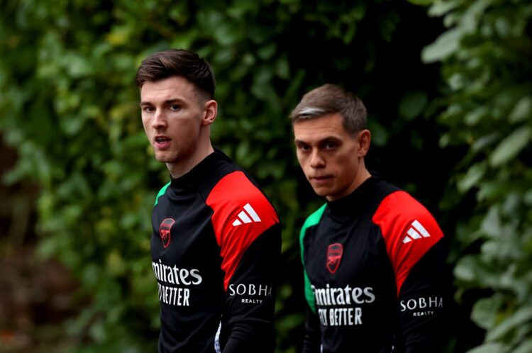 LONDON COLNEY, ENGLAND: Kieran Tierney and Leandro Trossard of Arsenal make their way out for the UEFA Champions League 2024/25 League Phase MD6 tr...