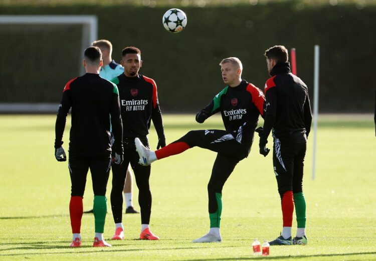 LONDON COLNEY, ENGLAND: Oleksandr Zinchenko of Arsenal kicks the ball during the UEFA Champions League 2024/25 League Phase MD5 training and press ...
