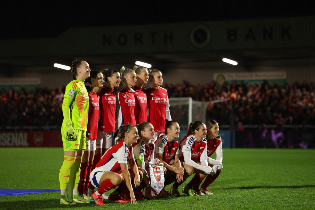 BOREHAMWOOD, ENGLAND - DECEMBER 18: Arsenal players pose for a team photograph prior to the UEFA Women's Champions League match between Arsenal FC and FC Bayern München at Meadow Park on December 18, 2024 in Borehamwood, England. (Photo by Julian Finney/Getty Images)