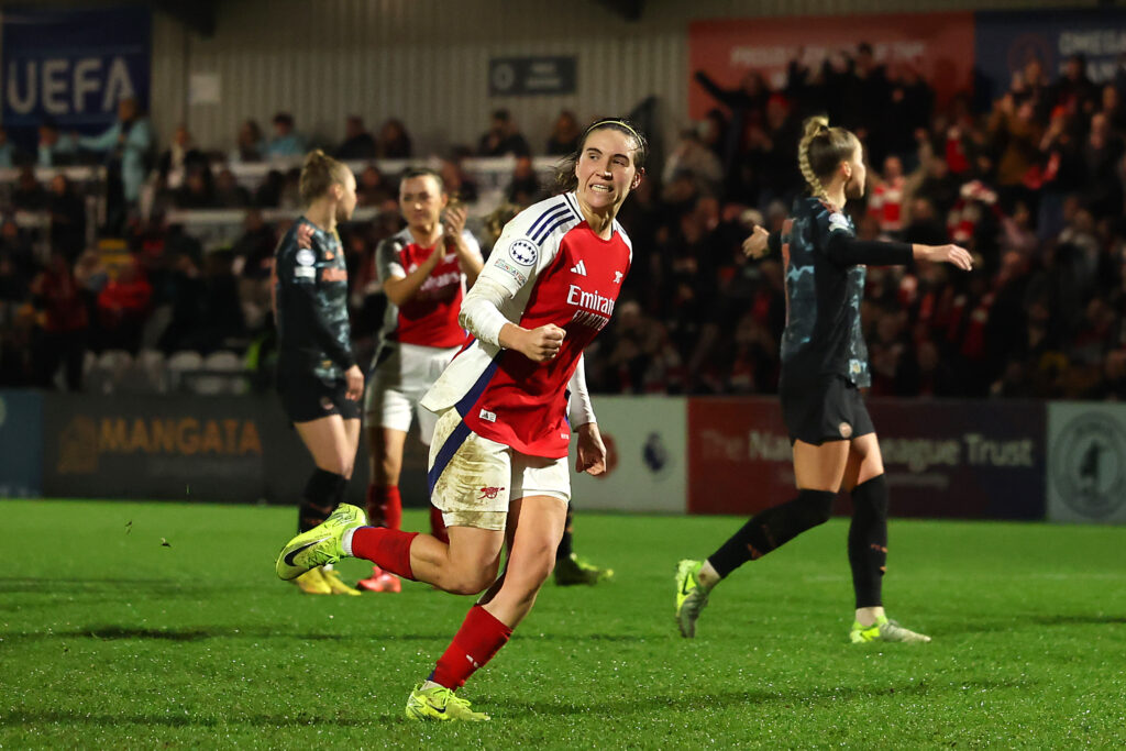 BOREHAMWOOD, ENGLAND - DECEMBER 18: Mariona Caldentey of Arsenal celebrates scoring her team's third goal during the UEFA Women's Champions League match between Arsenal FC and FC Bayern München at Meadow Park on December 18, 2024 in Borehamwood, England. (Photo by Richard Heathcote/Getty Images)
