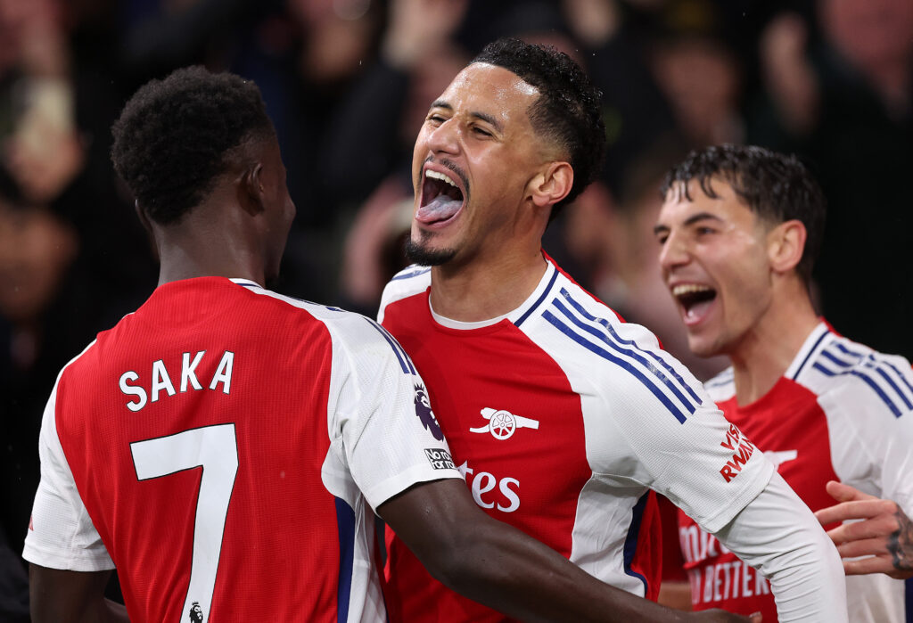 3 out, 1 back for Man United ahead of Arsenal 2 LONDON, ENGLAND - DECEMBER 04: William Saliba of Arsenal celebrates scoring his team's second goal during the Premier League match between Arsenal FC and Manchester United FC at Emirates Stadium on December 04, 2024 in London, England. (Photo by Julian Finney/Getty Images)