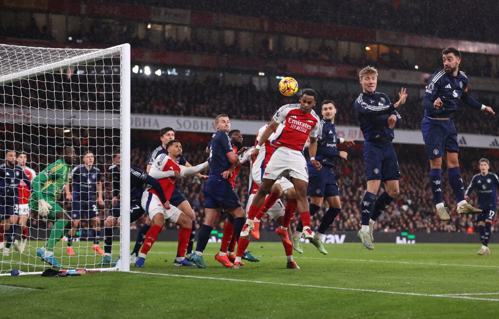 Timber’s optimism lifts Arsenal in pursuit of Liverpool 2 LONDON, ENGLAND - DECEMBER 04: Jurrien Timber of Arsenal scores his team's first goal with a header as Andre Onana of Manchester United fails to make a save during the Premier League match between Arsenal FC and Manchester United FC at Emirates Stadium on December 04, 2024 in London, England. (Photo by Julian Finney/Getty Images)