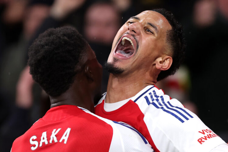LONDON, ENGLAND - DECEMBER 04: William Saliba of Arsenal celebrates scoring his team's second goal with teammates Bukayo Saka during the Premier Le...