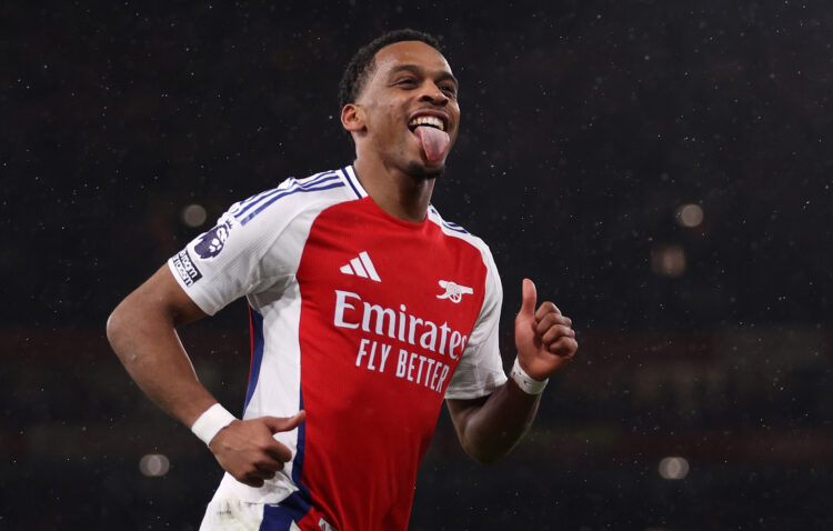 LONDON, ENGLAND - DECEMBER 04: Jurrien Timber of Arsenal celebrates scoring his team's first goal with a header as Andre Onana of Manchester United...