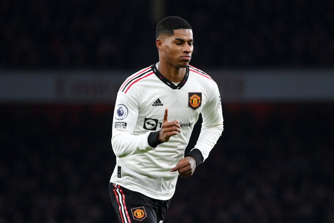 LONDON, ENGLAND - JANUARY 22: Marcus Rashford of Manchester United celebrates after scoring the team's first goal during the Premier League match b...