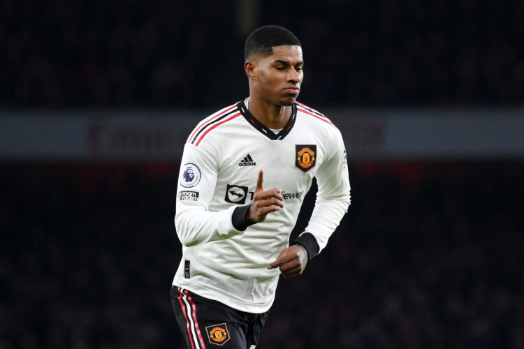 LONDON, ENGLAND - JANUARY 22: Marcus Rashford of Manchester United celebrates after scoring the team's first goal during the Premier League match b...
