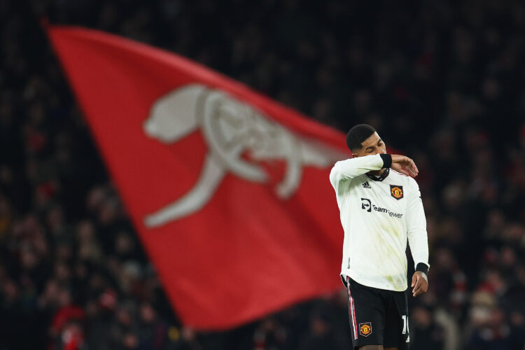 LONDON, ENGLAND - JANUARY 22: Marcus Rashford of Manchester United reacts after Eddie Nketiah of Arsenal scored their sides third goal during the P...