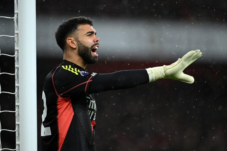 LONDON, ENGLAND: David Raya of Arsenal reacts during the Premier League match between Arsenal FC and Nottingham Forest FC at Emirates Stadium on No...