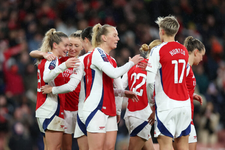 LONDON, ENGLAND - DECEMBER 08: Alessia Russo of Arsenal celebrates scoring her team's fourth goal during the Barclays Women's Super League match be...