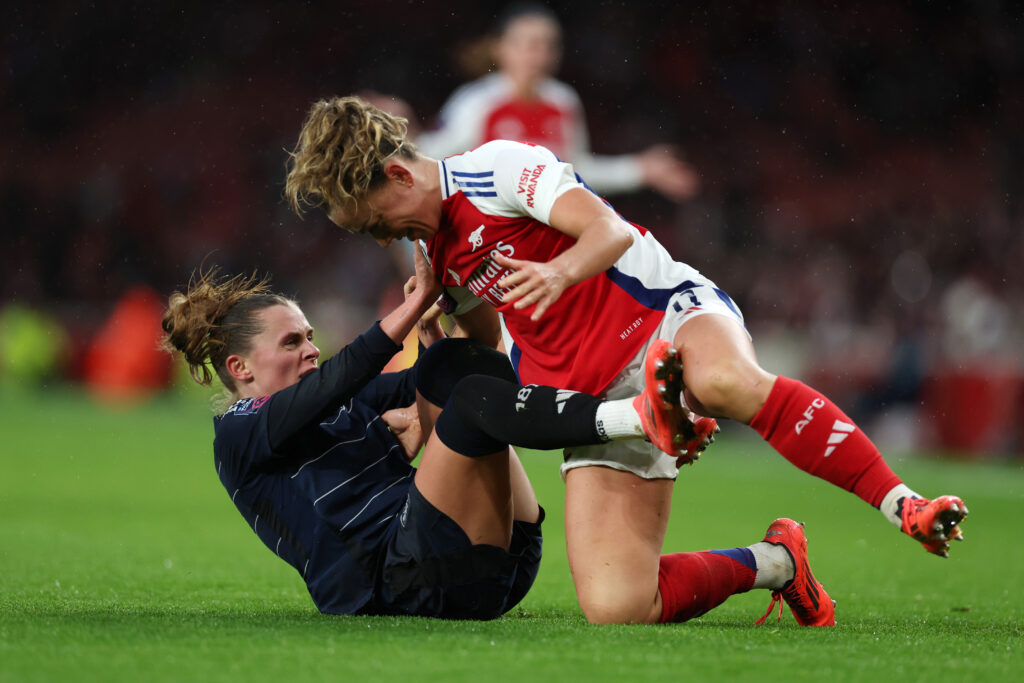 Arsenal leapfrog Brighton after emphatic Emirates win 3 LONDON, ENGLAND - DECEMBER 08: Katie McCabe of Arsenal clashes with Noelle Maritz of Aston Villa during the Barclays Women's Super League match between Arsenal and Aston Villa at Emirates Stadium on December 08, 2024 in London, England. (Photo by Harry Murphy/Getty Images)