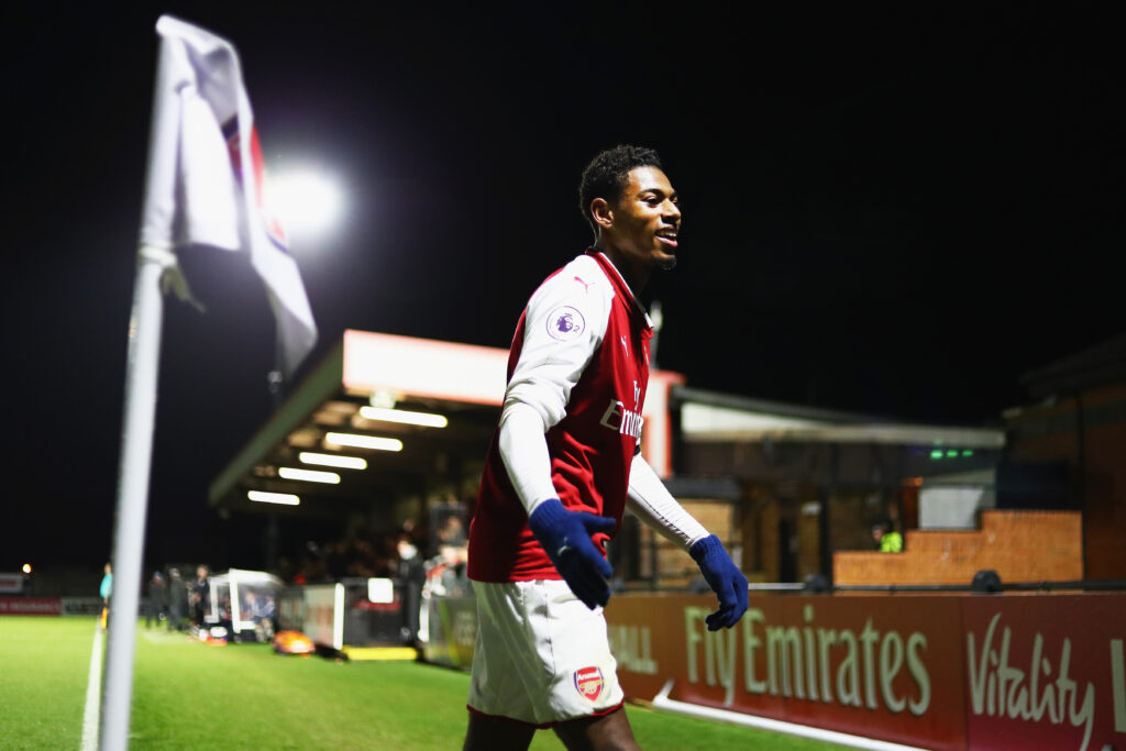 BOREHAMWOOD, ENGLAND - JANUARY 23: Jeff Reine-Adelaide of Arsenal celebrates after scoring his sides fourth goal during the Premier League International Cup match between Arsenal and Bayern Munich at Meadow Park on January 23, 2018 in Borehamwood, England. (Photo by Naomi Baker/Getty Images)