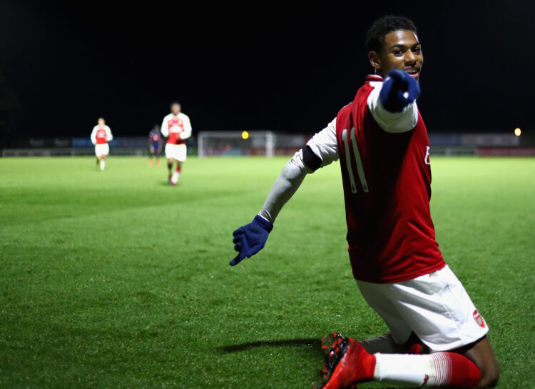 BOREHAMWOOD, ENGLAND - JANUARY 23: Jeff Reine-Adelaide of Arsenal celebrates after scoring his sides fourth goal during the Premier League Internat...