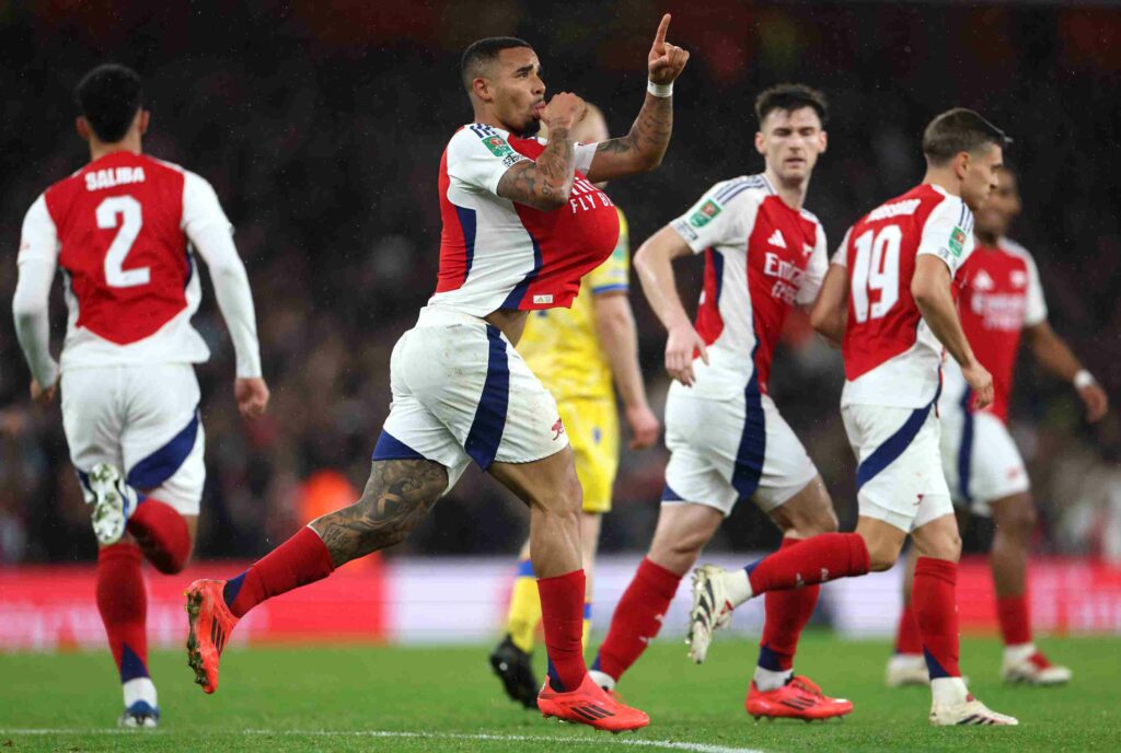 LONDON, ENGLAND - DECEMBER 18: Gabriel Jesus of Arsenal celebrates after scoring his team's first goal during the Carabao Cup Quarter Final match between Arsenal and Crystal Palace at Emirates Stadium on December 18, 2024 in London, England. (Photo by Alex Pantling/Getty Images)