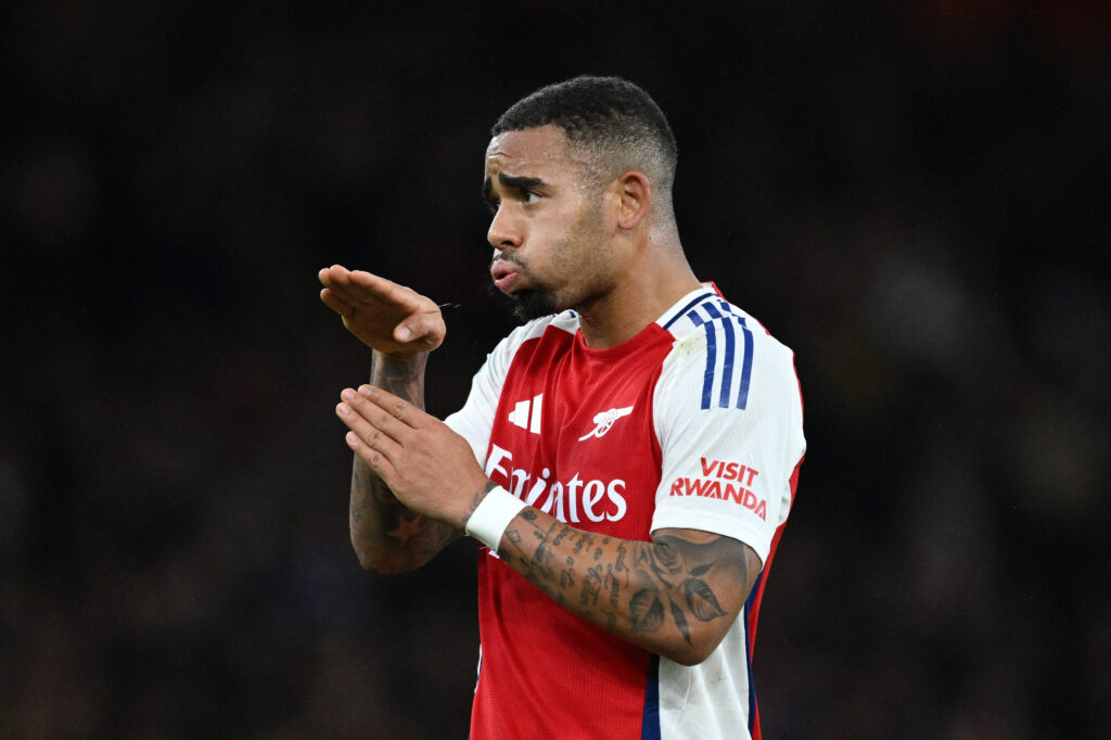 LONDON, ENGLAND - DECEMBER 18: Gabriel Jesus of Arsenal reacts during the Carabao Cup Quarter Final match between Arsenal and Crystal Palace at Emirates Stadium on December 18, 2024 in London, England. (Photo by Justin Setterfield/Getty Images)