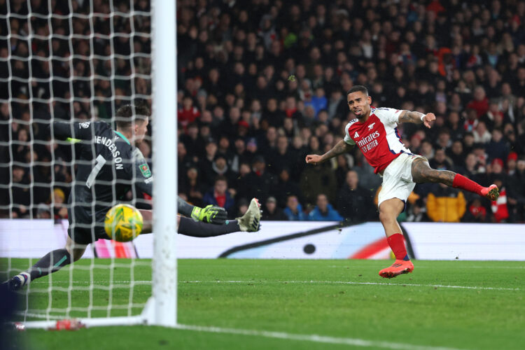 LONDON, ENGLAND - DECEMBER 18: Gabriel Jesus of Arsenal scores his team's second goal during the Carabao Cup Quarter Final match between Arsenal an...