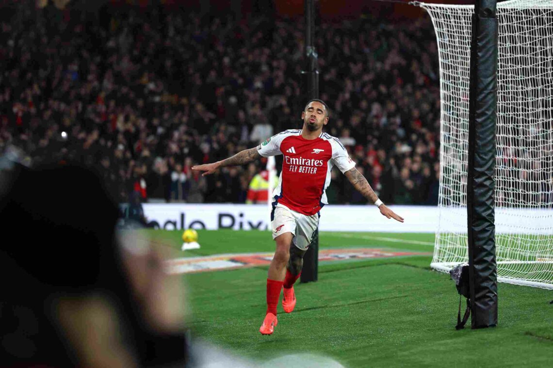 LONDON, ENGLAND - DECEMBER 18: Gabriel Jesus of Arsenal celebrates scoring his sides second goal during the Carabao Cup Quarter Final match between...