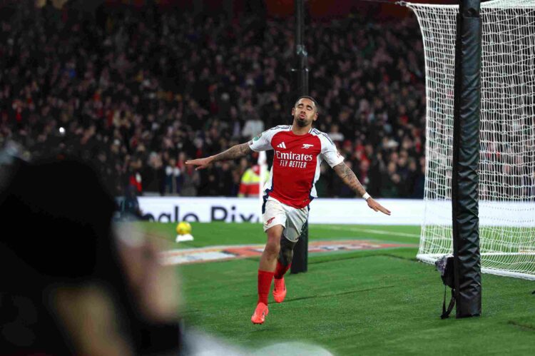 LONDON, ENGLAND - DECEMBER 18: Gabriel Jesus of Arsenal celebrates scoring his sides second goal during the Carabao Cup Quarter Final match between...