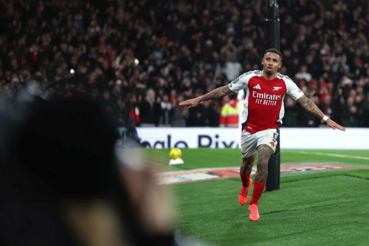 LONDON, ENGLAND - DECEMBER 18: Gabriel Jesus of Arsenal celebrates scoring his sides second goal during the Carabao Cup Quarter Final match between...