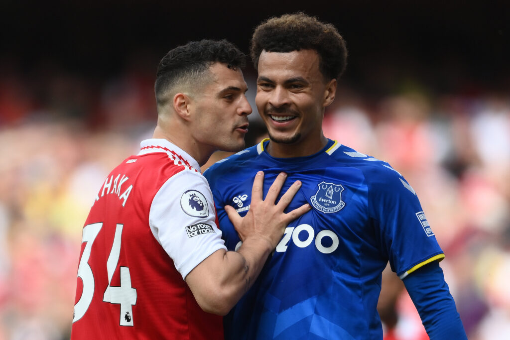 LONDON, ENGLAND - MAY 22: Granit Xhaka of Arsenal has a word with Dele Alli of Everton during the Premier League match between Arsenal and Everton at Emirates Stadium on May 22, 2022 in London, England. (Photo by Mike Hewitt/Getty Images)