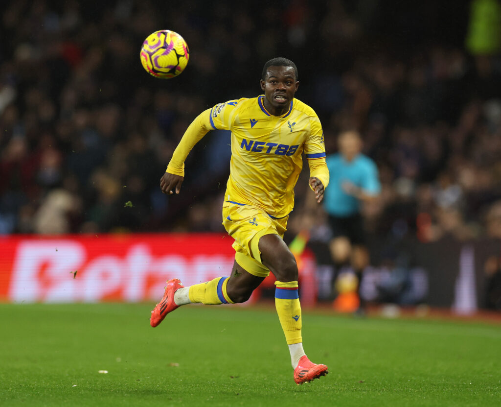 BIRMINGHAM, ENGLAND - NOVEMBER 23: Tyrick Mitchell of Crystal Palace FC during the Premier League match between Aston Villa FC and Crystal Palace FC at Villa Park on November 23, 2024 in Birmingham, England. (Photo by Eddie Keogh/Getty Images)