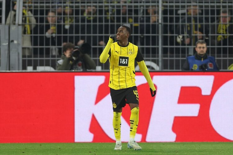 DORTMUND, GERMANY: Jamie Bynoe-Gittens of Borussia Dortmund celebrates scoring his team's first goal during the Bundesliga match between Borussia D...