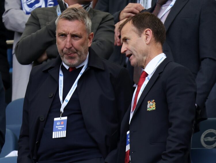 BRIGHTON, ENGLAND: Technical director Jason Wilcox and Sporting director Dan Ashworth of Manchester United FC during the Premier League match betwe...