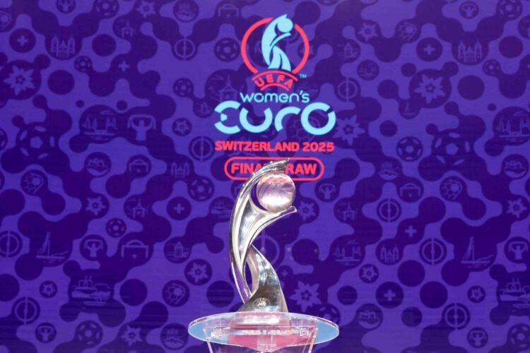 LAUSANNE, SWITZERLAND - DECEMBER 16: General view of the UEFA Women's EURO 2025 trophy on stage during the UEFA Women's EURO 2025 Draw at Swiss Tec...