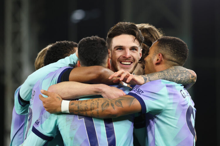 LONDON, ENGLAND - DECEMBER 21: Declan Rice of Arsenal celebrates with teammates after Gabriel Martinelli of Arsenal scores his team's fourth goal d...