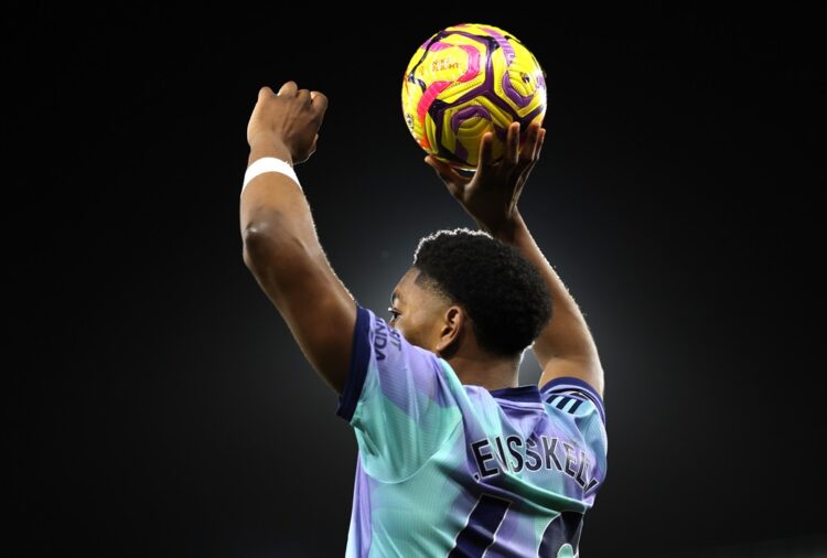 LONDON, ENGLAND: Myles Lewis-Skelly of Arsenal takes a throw-in during the Premier League match between Crystal Palace FC and Arsenal FC at Selhurs...
