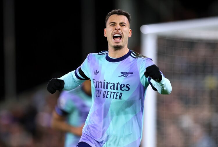 LONDON, ENGLAND: Gabriel Martinelli of Arsenal celebrates scoring his team's fourth goal during the Premier League match between Crystal Palace FC ...