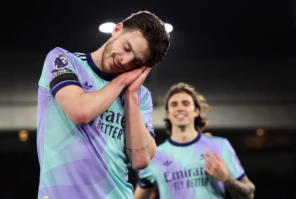 LONDON, ENGLAND - DECEMBER 21: Declan Rice of Arsenal celebrates scoring his team's fifth goal during the Premier League match between Crystal Palace FC and Arsenal FC at Selhurst Park on December 21, 2024 in London, England. (Photo by Julian Finney/Getty Images)