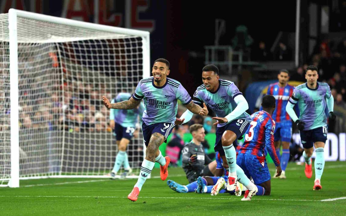 LONDON, ENGLAND - DECEMBER 21: Gabriel Jesus of Arsenal celebrates scoring his sides first goal during the Premier League match between Crystal Pal...