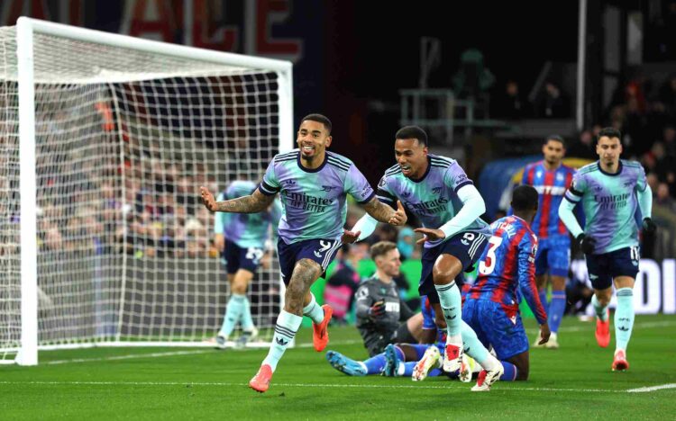 LONDON, ENGLAND - DECEMBER 21: Gabriel Jesus of Arsenal celebrates scoring his sides first goal during the Premier League match between Crystal Pal...