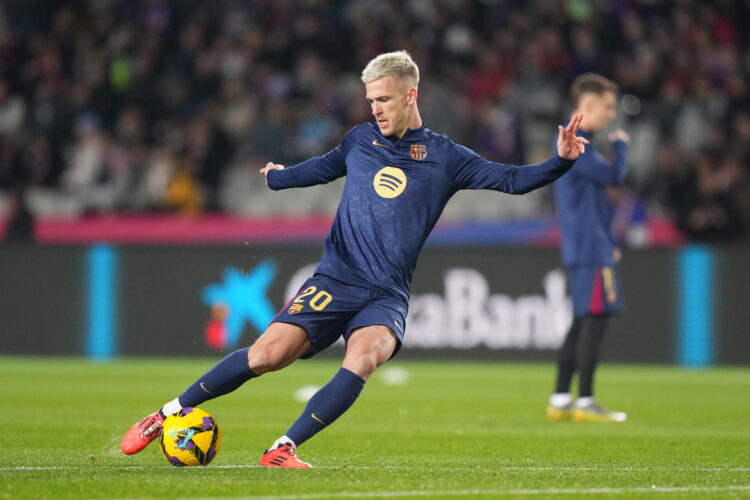 BARCELONA, SPAIN - DECEMBER 15: Dani Olmo of FC Barcelona warms up prior to the LaLiga match between FC Barcelona and CD Leganes at Estadi Olimpic ...
