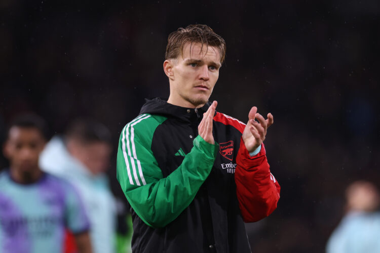 LONDON, ENGLAND - DECEMBER 08: Martin Odegaard of Arsenal acknowledges the fans after the Premier League match between Fulham FC and Arsenal FC at ...