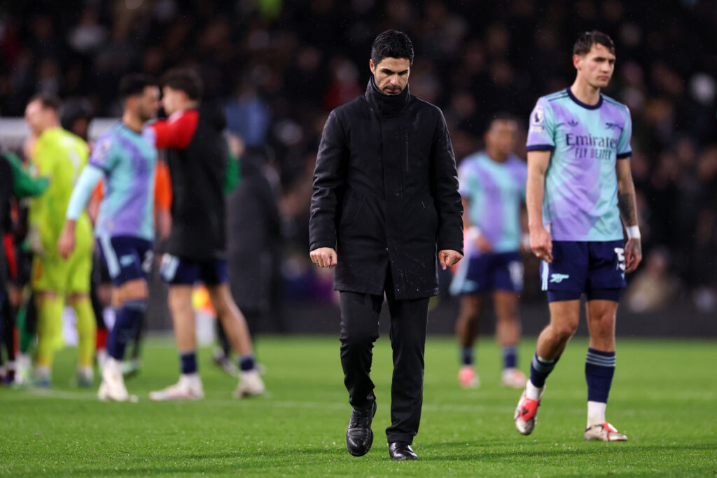 Calvin Bassey’s ban benefits Liverpool but frustrates Arsenal 2 LONDON, ENGLAND - DECEMBER 08: Mikel Arteta, Manager of Arsenal, shows dejection after the Premier League match between Fulham FC and Arsenal FC at Craven Cottage on December 08, 2024 in London, England. (Photo by Ryan Pierse/Getty Images)