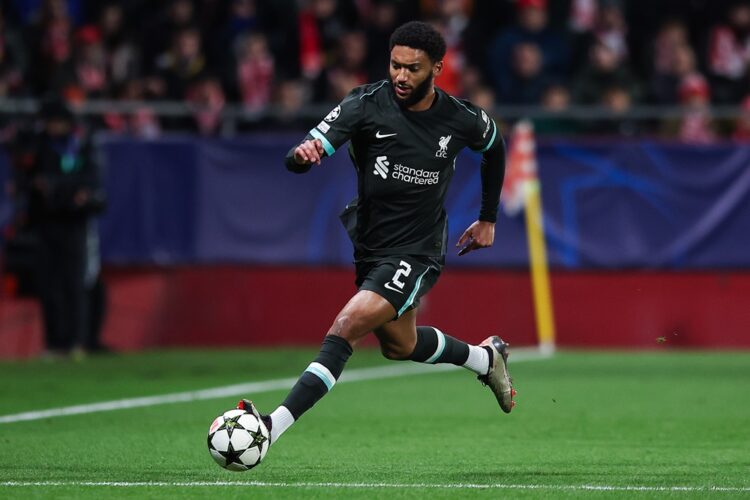 GIRONA, SPAIN: Joe Gomez of Liverpool controls the ball during the UEFA Champions League 2024/25 League Phase MD6 match between Girona FC and Liver...