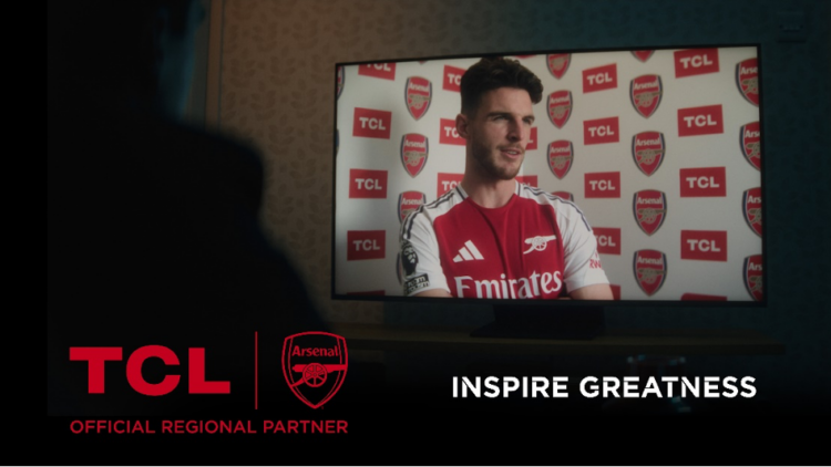 Arsenal partner with TCL, image shows Declan Rice and the line "inspire greatness"