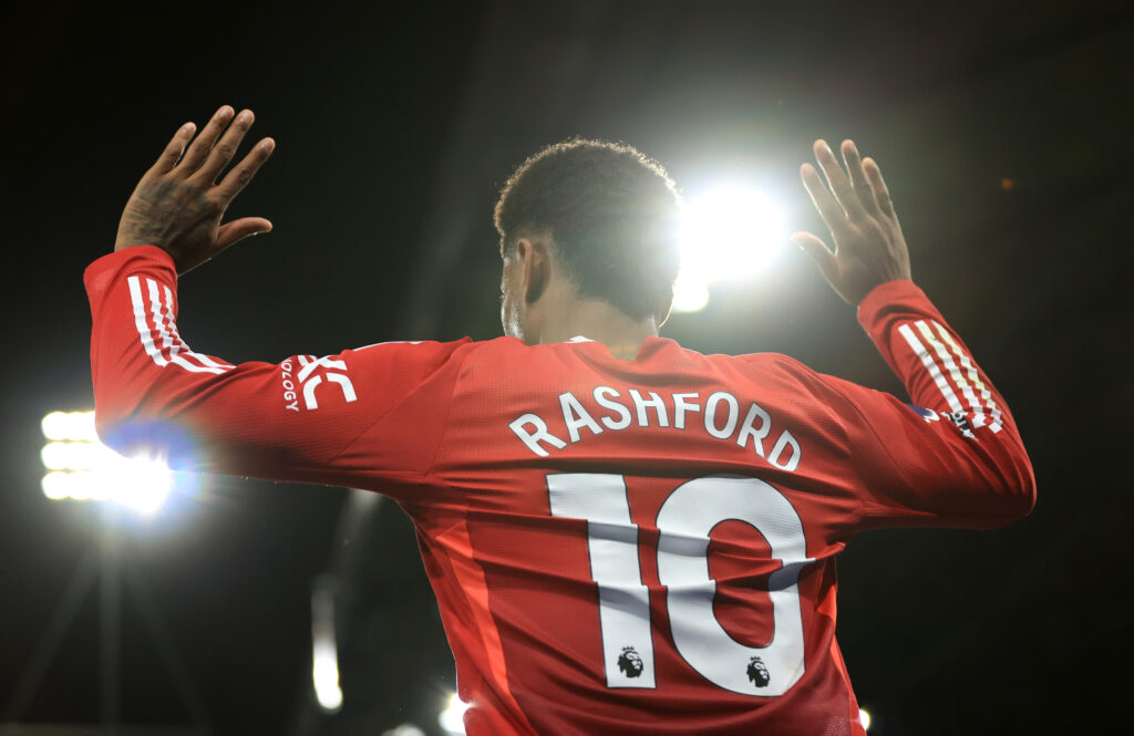IPSWICH, ENGLAND - NOVEMBER 24: Marcus Rashford of Manchester United reacts during the Premier League match between Ipswich Town FC and Manchester United FC at Portman Road on November 24, 2024 in Ipswich, England. (Photo by Stephen Pond/Getty Images)