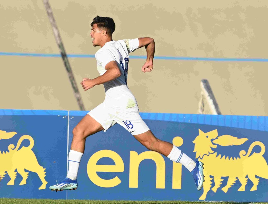 FORLI, ITALY - OCTOBER 31: Charalampos Kostoulas of Greece celebrates after scoring goal 2-1 during European Under-17 Championship 2024 qualifying round match between Greece and Italy at Stadio Tullo Morgagni on October 31, 2023 in Forli, Italy. (Photo by Giuseppe Bellini/Getty Images)