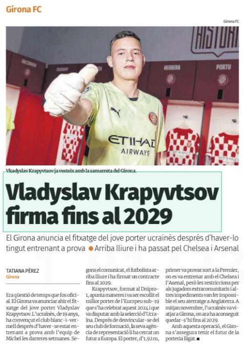 Vladyslav Krapyvtsov signs until 2029 Girona announces the signing of the young Ukrainian goalkeeper after having him train on a free trial and he ...